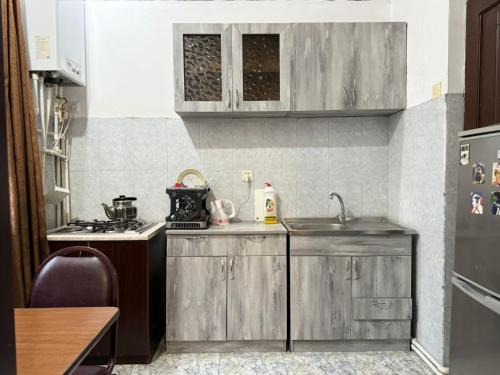 トビリシにあるNana's Apartment with gardenのシンクとコンロのある小さなキッチン