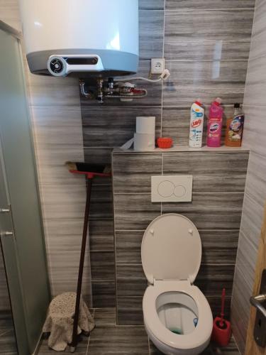 a bathroom with a toilet with a tv above it at Apartmány Kojčice 