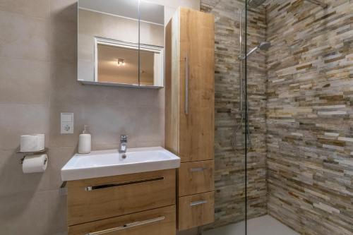 a bathroom with a sink and a shower at Ferienwohnung Waldblick mit Terrasse und Garten - familienfreundlich in Heringhausen