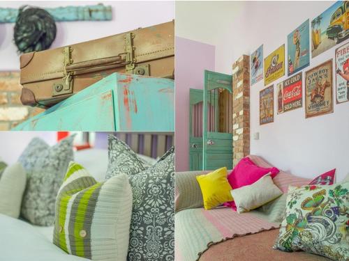 a collage of four pictures of a room with pillows at Lower Barns Boutique B&B in St Austell