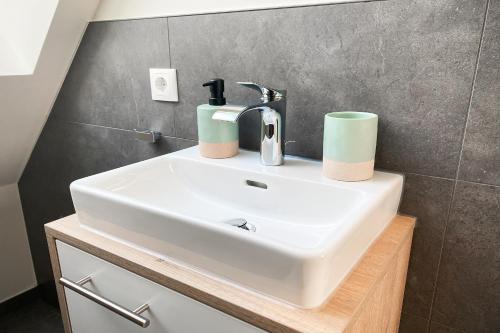 a bathroom sink with two cups on top of it at Ferienwohnung Alter Stall - rechte Seite für 3 Personen in Ohne