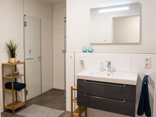 a bathroom with a sink and a mirror at Auszeit im Sielhuus - Familienfreundliche Ferienwohnung mit Dachterrasse und Sauna in Fedderwardersiel