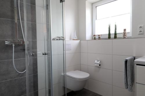 a bathroom with a toilet and a glass shower at FeWo Seebrise mit Sauna und Balkon in Dorum
