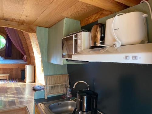 a kitchen with a sink and a microwave at Roulottes des Combrailles in Saint-Pardoux