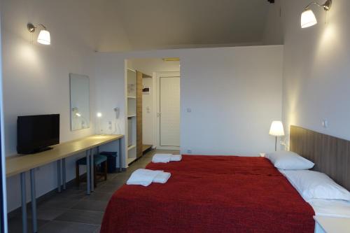 a bedroom with a bed and a desk with a television at Hotel Rene in Skiathos Town