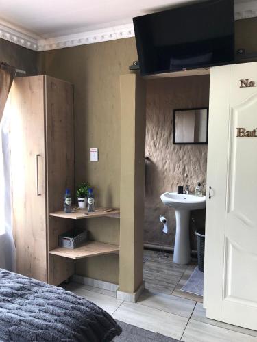 a bedroom with a bathroom with a sink and a tv at Farmers Lodge in Piet Retief