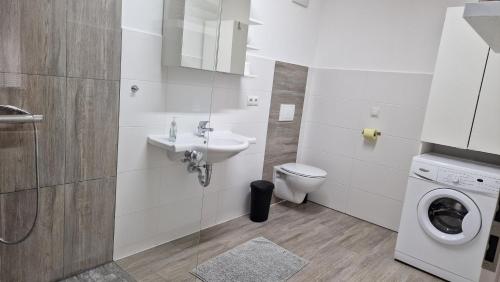 a bathroom with a toilet sink and a washing machine at Voll ausgestattet, Nähe Heiltherme Bad Waltersdorf in Ebersdorf