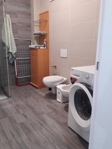 a bathroom with a washing machine and a toilet at Super Leisure Vila-Plazhi San Pietro, Gjiri i Lalezit in Lalzit Bay