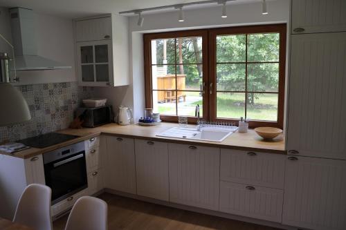 a kitchen with a sink and a window at Dom w lesie przy stawach in Dylewo