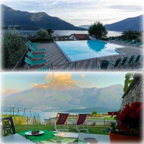 two pictures of a swimming pool and a view of mountains at La Collina dei Fiori in Vercana