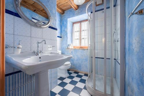 a blue bathroom with a sink and a shower at Dobrinja Residence Villas Lopar in Marezige