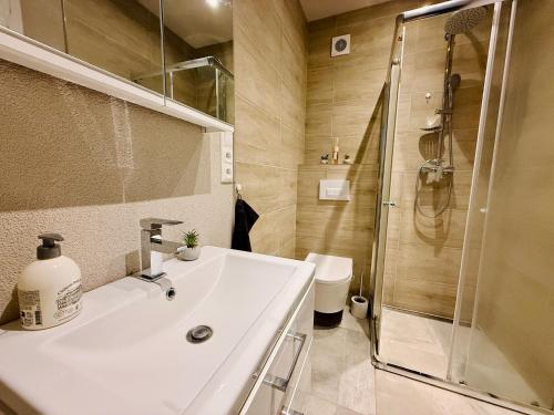 a bathroom with a sink and a shower at Apartmán s balkónom a parkovaním in Michalovce