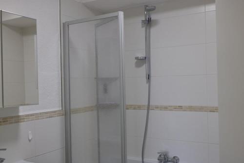 una doccia con una porta in vetro in un bagno di Inselblume 58 - Ferienwohnung mit Balkon in Neue Tiefe a Neue Tiefe Fehmarn