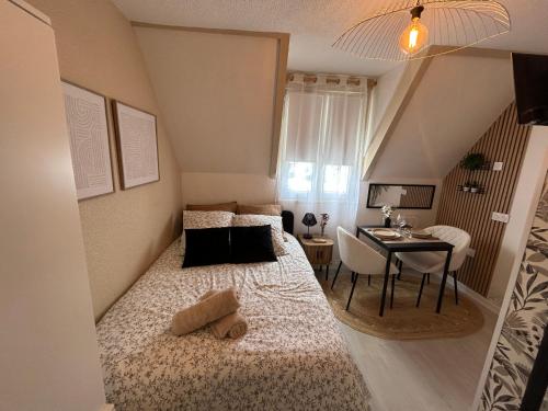 a small bedroom with a bed and a desk at Le Ptit Jumoku in Caen