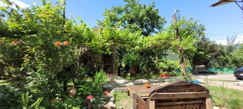 a garden with a wooden table and trees at Nikala's house in Borjomi