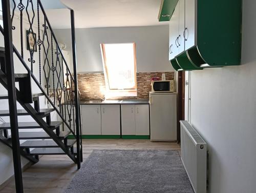 a kitchen with a spiral staircase in a room at Apollo Green 1 cameră in Sîngeorgiu de Mureş