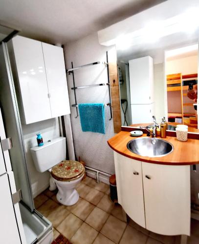 une petite salle de bain avec un lavabo et des toilettes dans l'établissement Petite maison à la plage dans résidence naturiste, à Leucate
