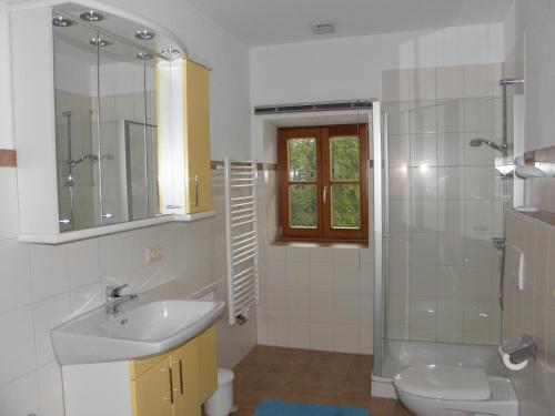 uma casa de banho com um lavatório, um chuveiro e um WC. em Ferienwohnung Fritzenwenger em Übersee