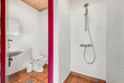 a bathroom with a shower and a toilet and a sink at Thatched house with pool by the sea - SJ690 in Harboør