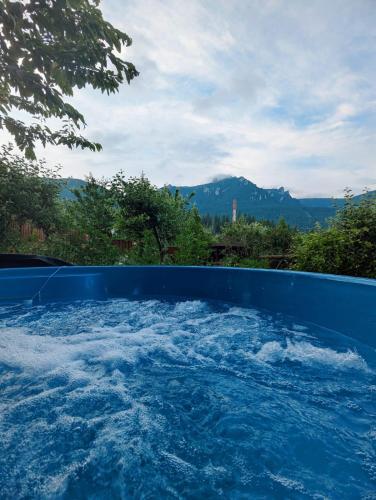 a large pool of blue water with mountains in the background at Glamping Ceahlau in Durău