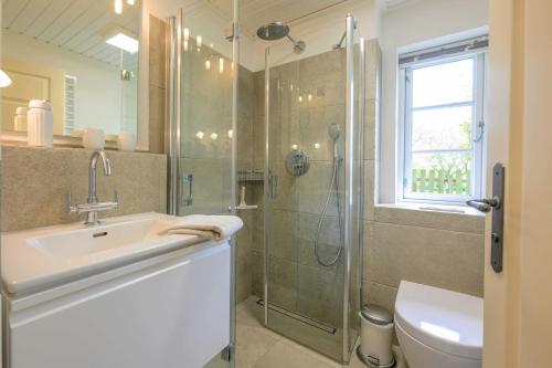 a bathroom with a shower and a sink and a toilet at Tammwarftshof in Pellworm