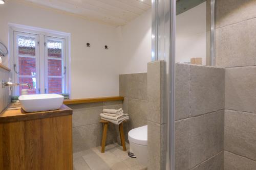 a bathroom with a shower and a toilet and a sink at Tammwarftshof in Pellworm