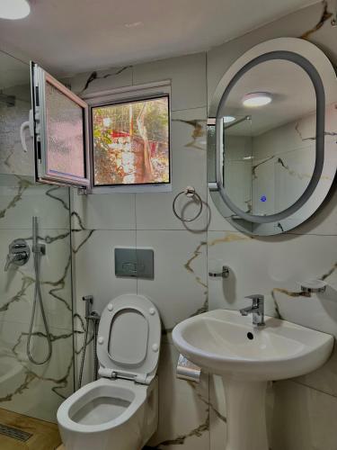 łazienka z toaletą, umywalką i lustrem w obiekcie Apartment Dejvi w Sarandzie