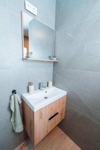 a bathroom with a white sink and a mirror at Harmónia Ház in Orfű