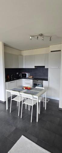 a kitchen with a table and chairs in it at Appartement entier 85m2, 2 chambres, 2 salles de bain, salon, cuisine entièrement équipée, au Bouveret in Port-Valais