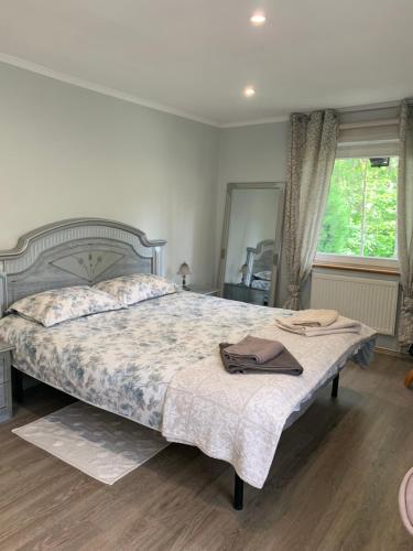 a bedroom with a large bed and a mirror at Apartment in a quiet area, near the sea and forest in Jūrmala