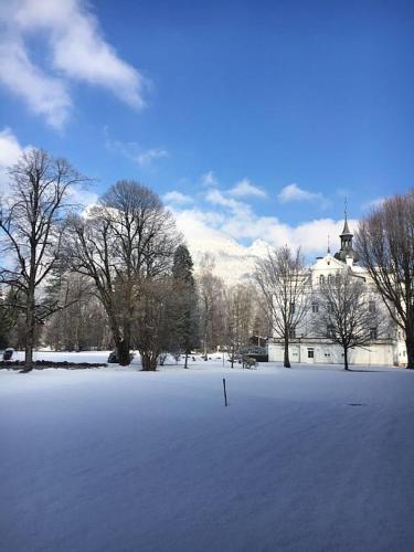 a snow covered field with a building and trees and a church at FeWo Schlosspark Grubhof in Sankt Martin bei Lofer