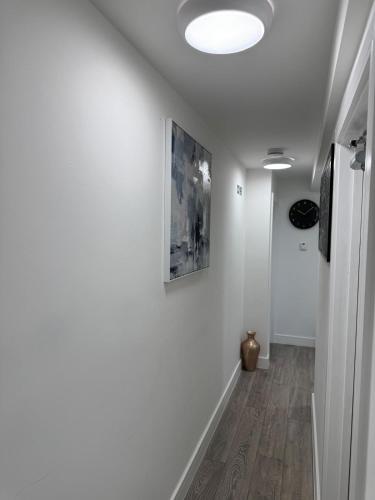 a hallway with white walls and a painting on a wall at Ensuite deluxe home in Basildon