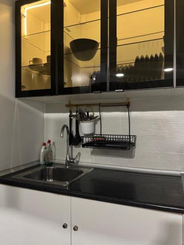 a kitchen counter top with a sink and a kitchen at Αρέθουσα Jungle τριάρι 65τμ. in Chalkida