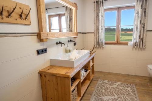 a bathroom with a sink and a window at Stadlerhof Alpen- & Seeblick in Kirchanschöring