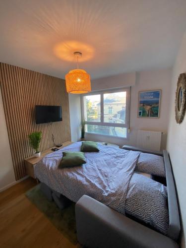 a bedroom with a bed and a large window at Les Quais centre-ville in Rennes
