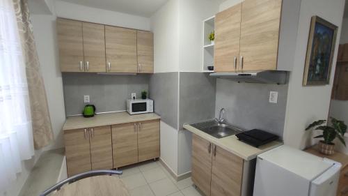 a small kitchen with a sink and a microwave at Clementine Apartman in Százhalombatta