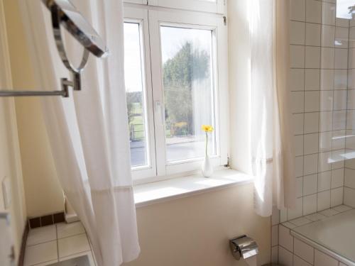 a bathroom with a window with a vase with a flower in it at Landhaus Alte Schmiede in Niemegk