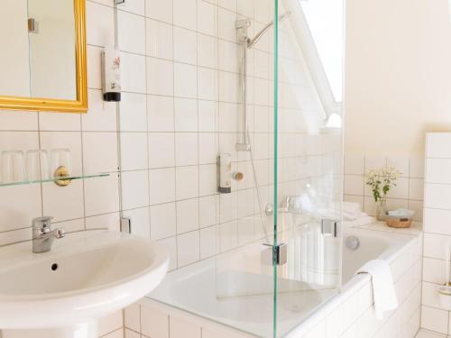 a bathroom with a sink and a shower at Landhaus Alte Schmiede in Niemegk
