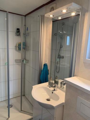 a bathroom with a shower and a sink and a sink at Lieblingsplatz Renesse, Camping Siblu de Oase in Renesse