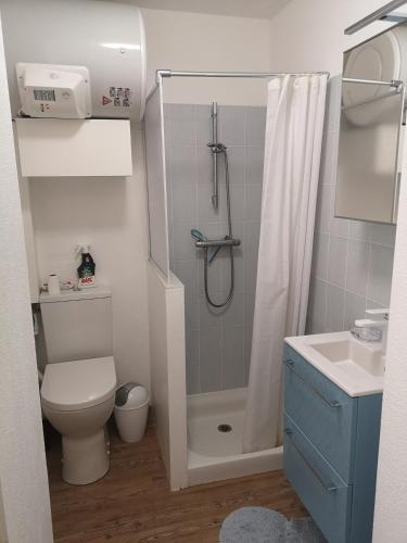 a bathroom with a shower and a toilet and a sink at Escapade au Crouesty in Arzon