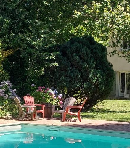 deux chaises assises à côté d'une piscine dans l'établissement Clos des Loriots, à Queyrac