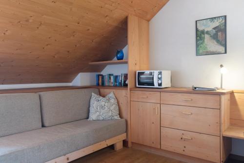 a living room with a couch and a microwave at Rielingerhof in Collalbo