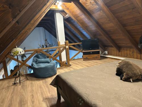 a bedroom with a bed and a tv in a attic at Zselici VadVirág Vendégház 