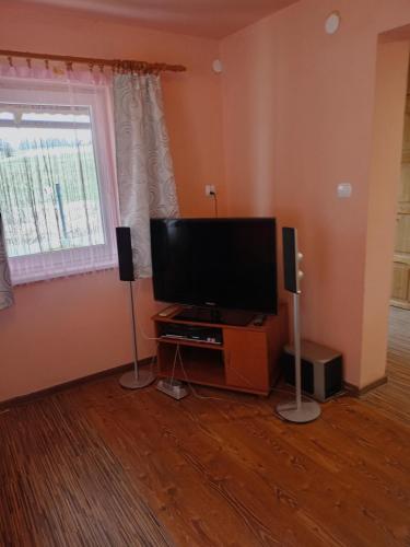 a living room with a flat screen tv and speakers at Agroturystyka pod skałką u Marzeny 