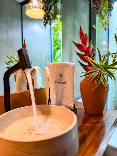 a drink in a bowl on a table with plants at Pousada Recanto Caxando in Trancoso