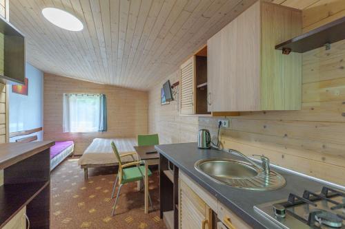 a kitchen with a sink and a room with a bed at Pylimo slėnis in Palanga
