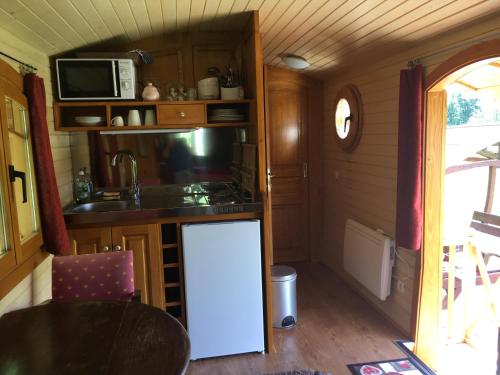 a kitchen with a counter and a sink in a room at Roulottes des Combrailles in Saint-Pardoux