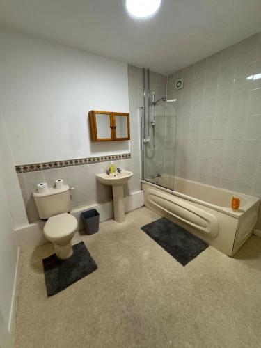 a bathroom with a toilet and a shower and a sink at Four BDR House By Eason Stays Short Lets & Serviced Accommodation Rugby With Free Parking in Hillmorton