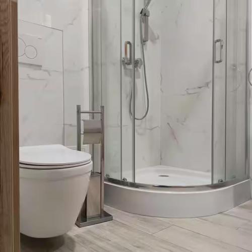 a bathroom with a toilet and a shower in it at Apartmán u Jeleňa in Kežmarok