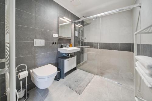 a bathroom with a toilet and a sink and a shower at Bohemian Glow of Krumlov in Český Krumlov